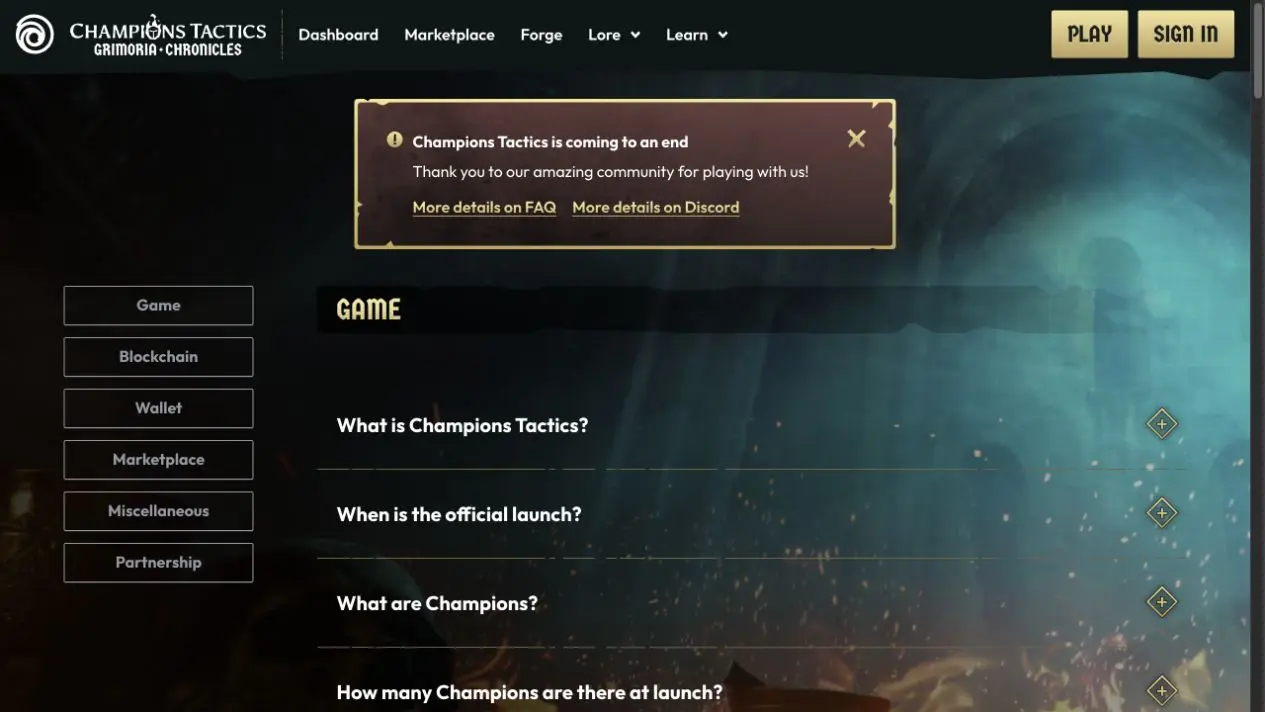 The official Champions Tactics website announcing that the game is coming to an end