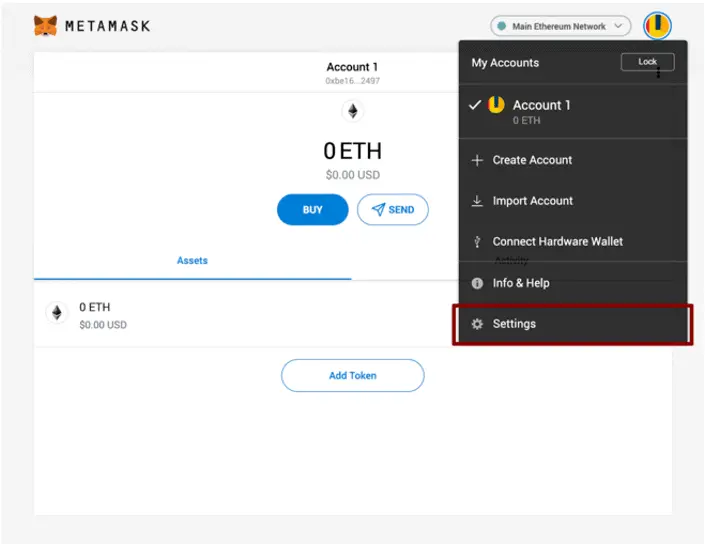 MetaMask drop down menu
