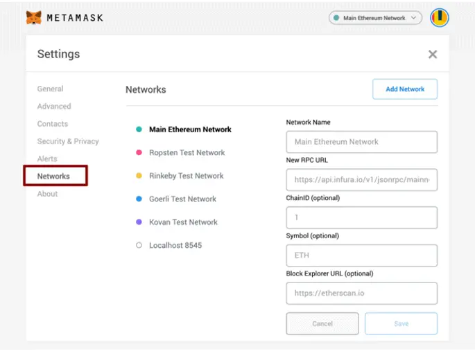 MetaMask settings page