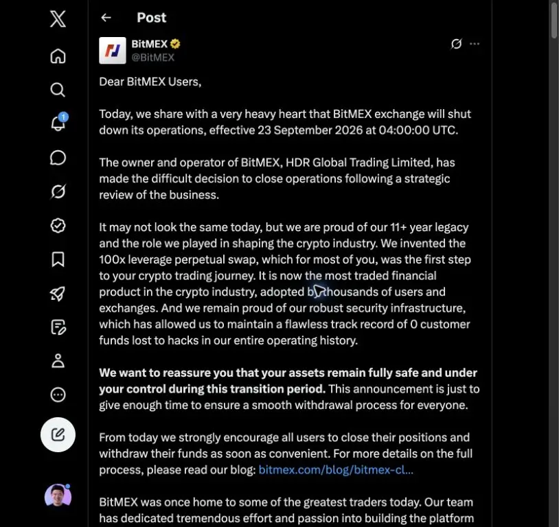 Screenshot of BitMEX's X announcement and early replies