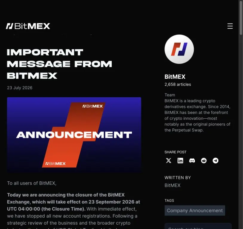BitMEX's official blog announcement of the exchange closure