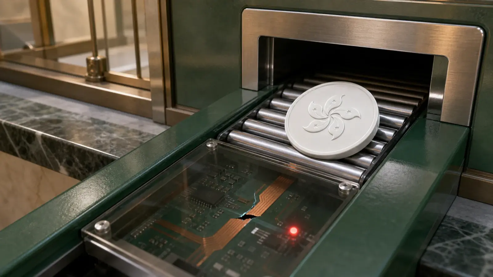 A digital Hong Kong dollar coin entering bank settlement machinery above a cracked circuit