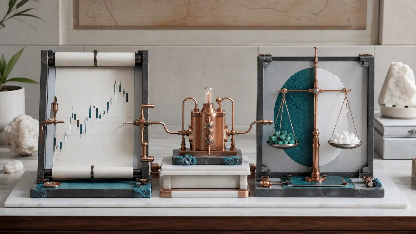 Physical candlestick chart recorder and two-outcome probability balance connected to one copper event signal
