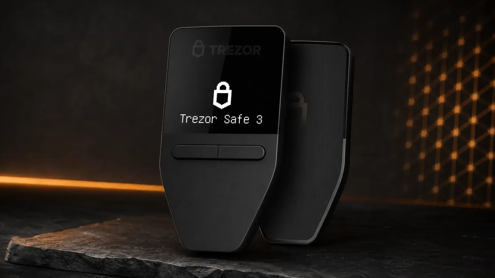 Trezor Safe 3 hardware wallet in a charcoal and amber security scene