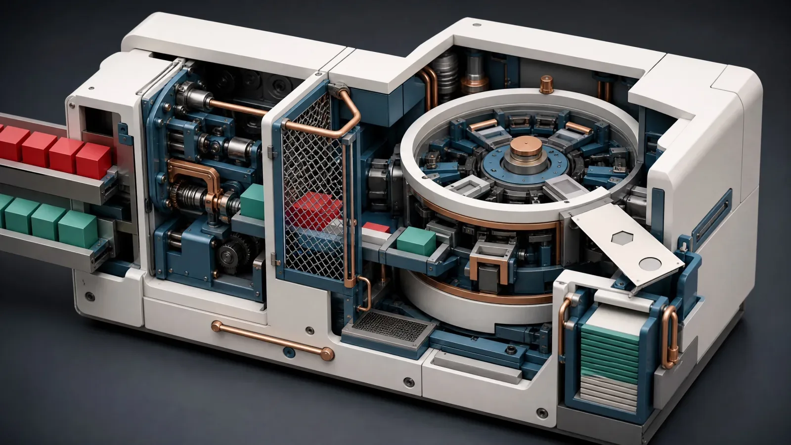 Cutaway trading machine routing colored market orders through a guarded risk gate and circular matching chamber