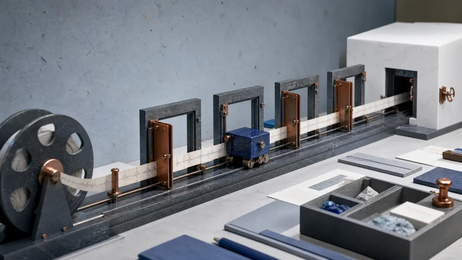 Historical data reel moving through one-way test partitions toward a sealed unseen holdout chamber