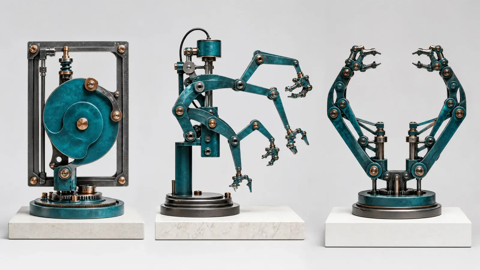 Three mechanical trading systems showing a repeating cam, an adaptive articulated agent, and mirrored copying arms