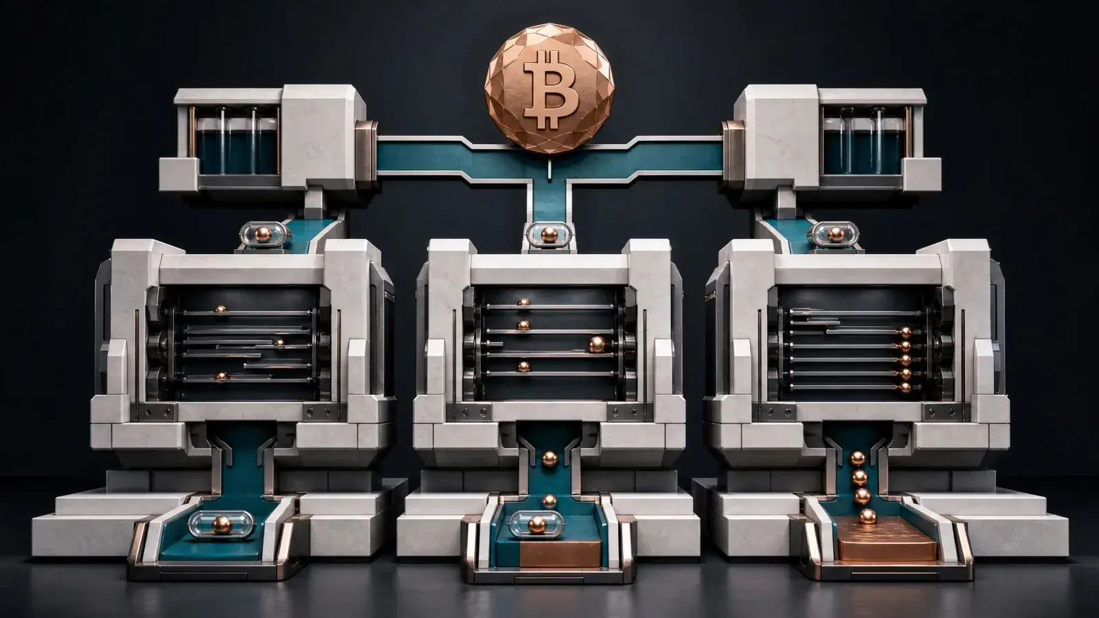 One Bitcoin order splitting into three exchange machines with different queues and fill outcomes