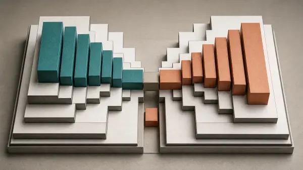 Physical order book with teal bids and copper asks stacked on opposing ladders around a central matching slot