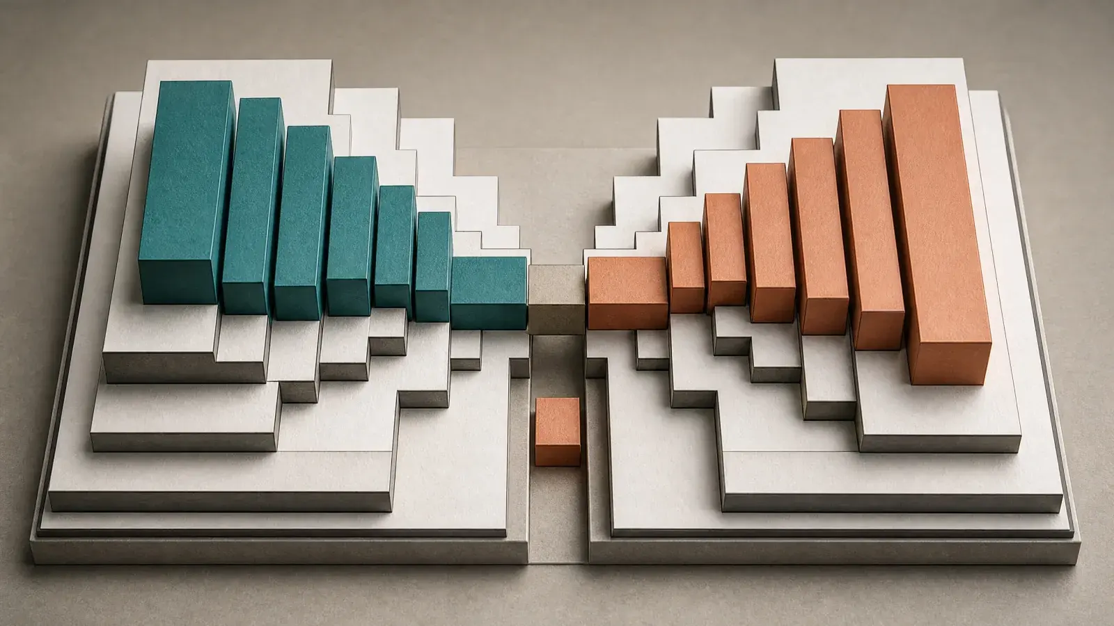 Physical order book with teal bids and copper asks stacked on opposing ladders around a central matching slot