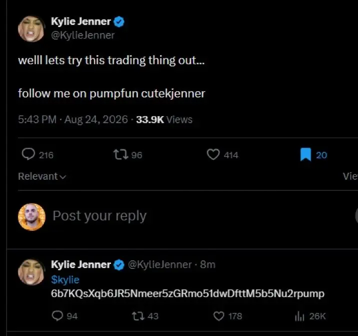 Screenshot of deleted posts from Kylie Jenner's verified X account naming a Pump.fun handle and Solana token address