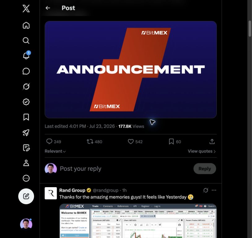 Screenshot of user reactions to the BitMEX closure announcement on X